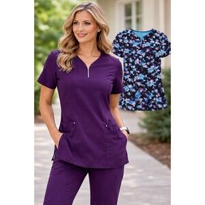 Easy Stretch Scrub Top Lot 2 Women XL Nurse Medical Uniform Purple Floral